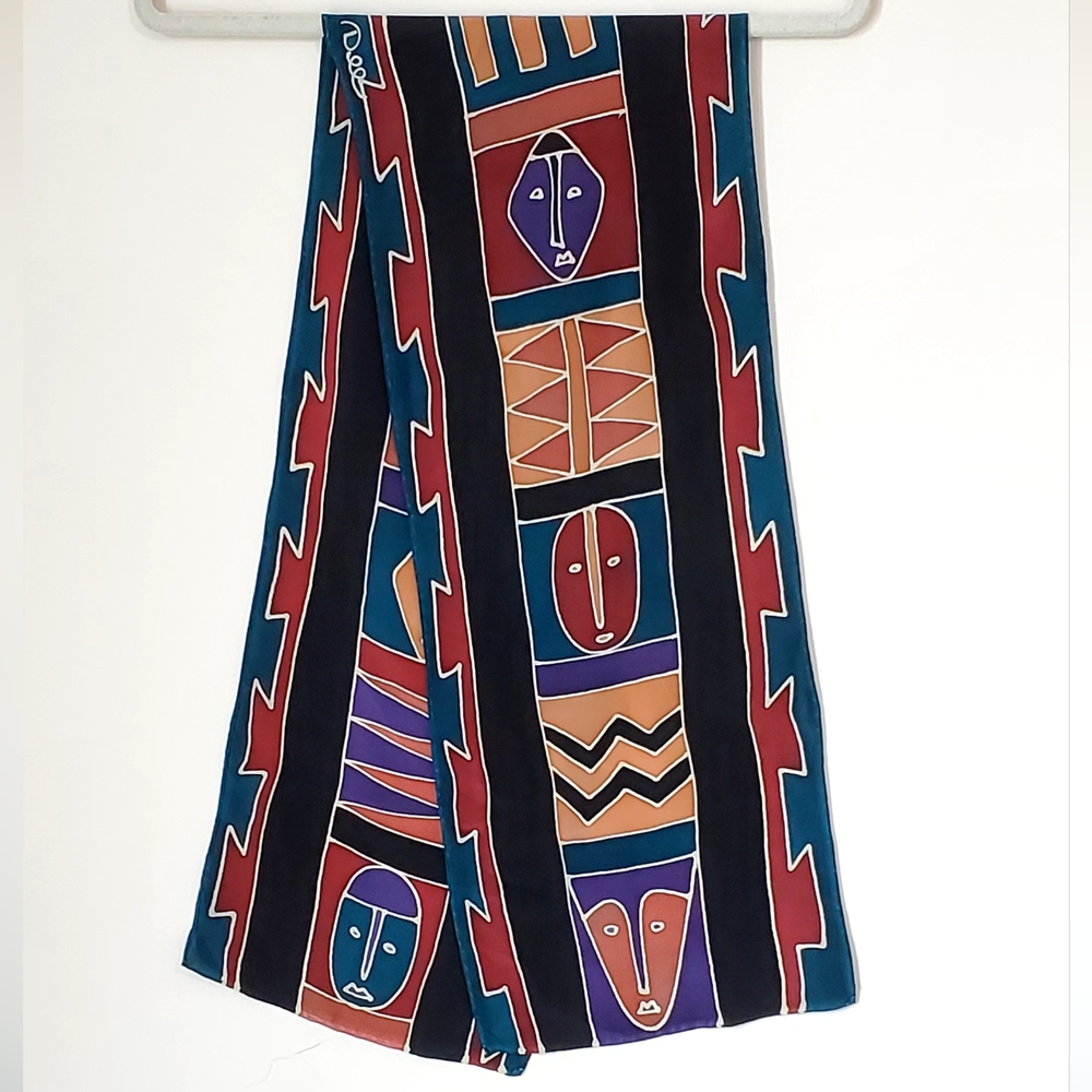 Vintage Dee African Inspired Deep Hues Long 100% Silk Scarf, 50", EUC